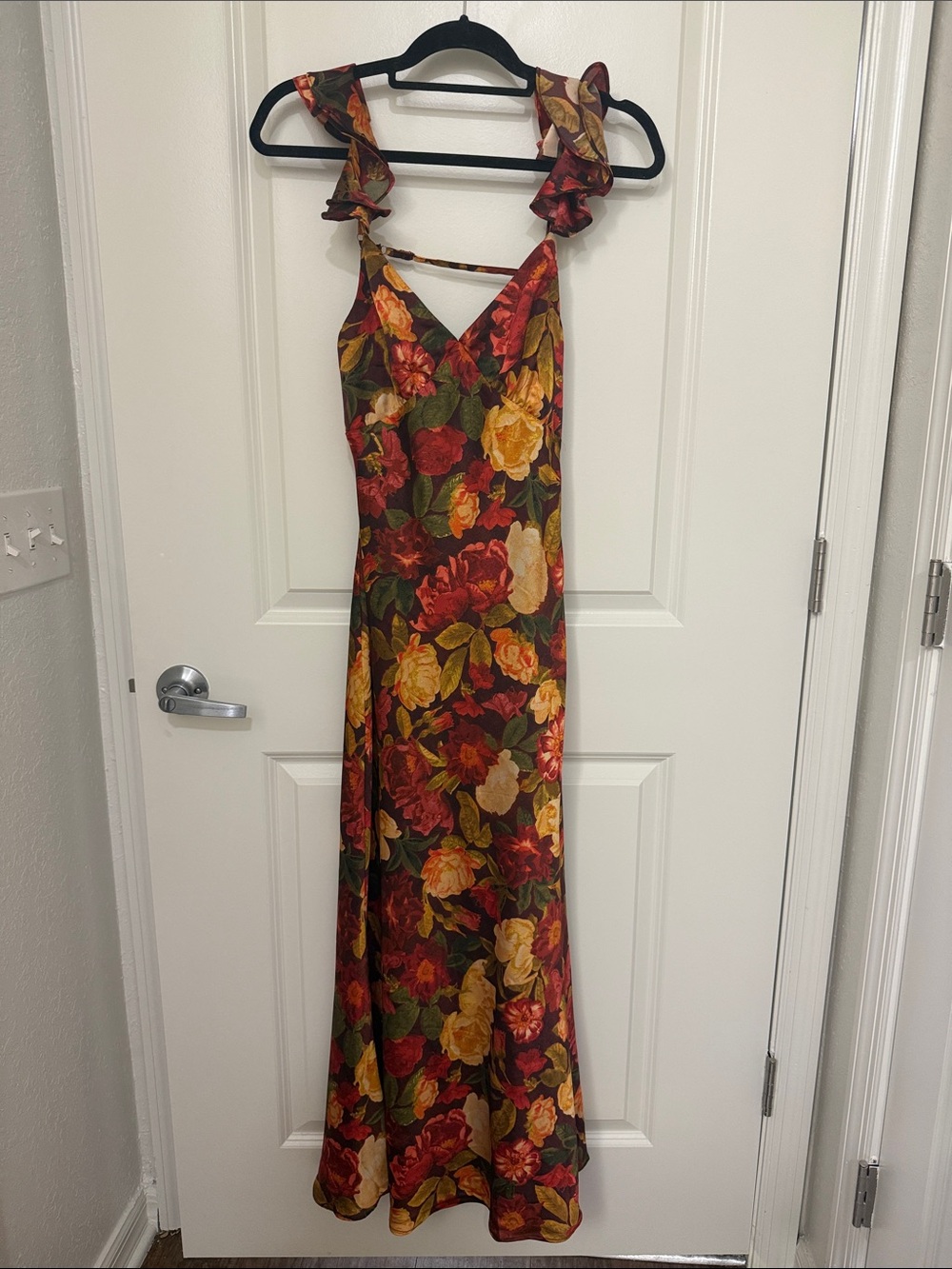 Windsor Burgundy and Gold Floral Ruffle-Shoulder Maxi Dress